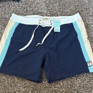 Marine Layer Navy Board Shorts with Cream Waistband & Aqua Side Panels